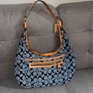 Coach Signature Soho Hobo denim Shoulder Bag Blue Tan Monogram K1K-6070